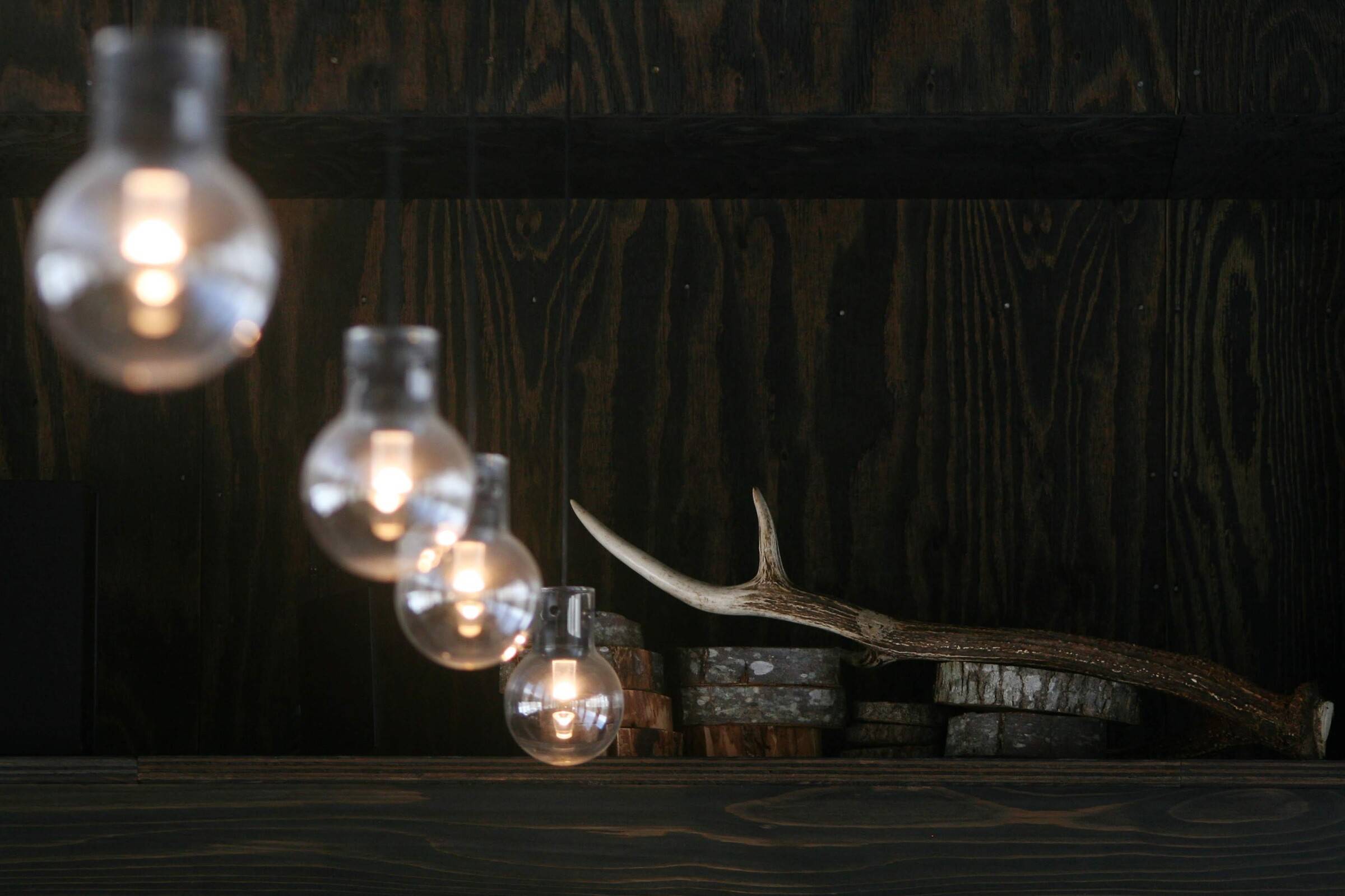 Edison bulbs glowing against dark barn timber