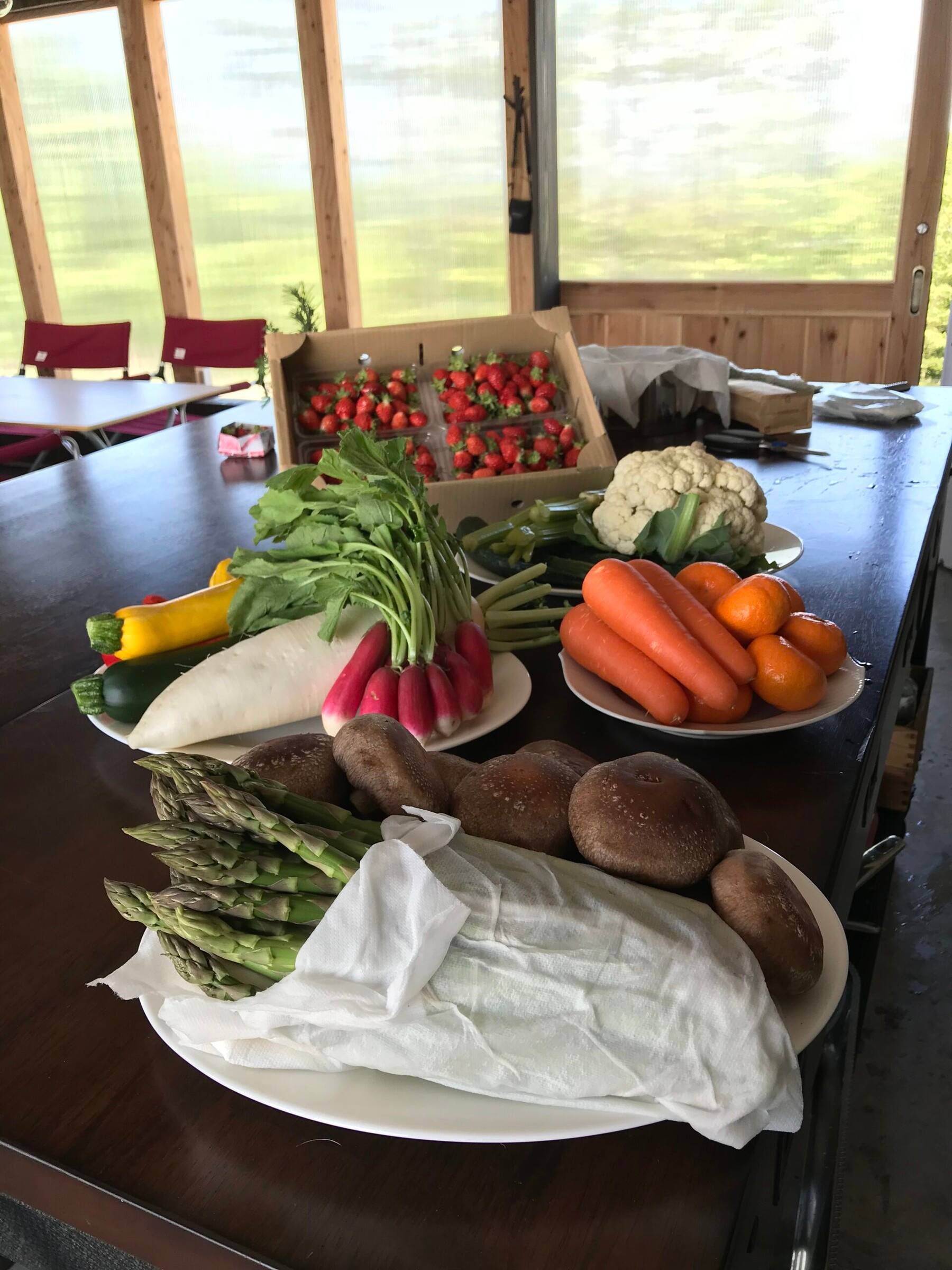 Seasonal vegetables and fruit laid out on the long table