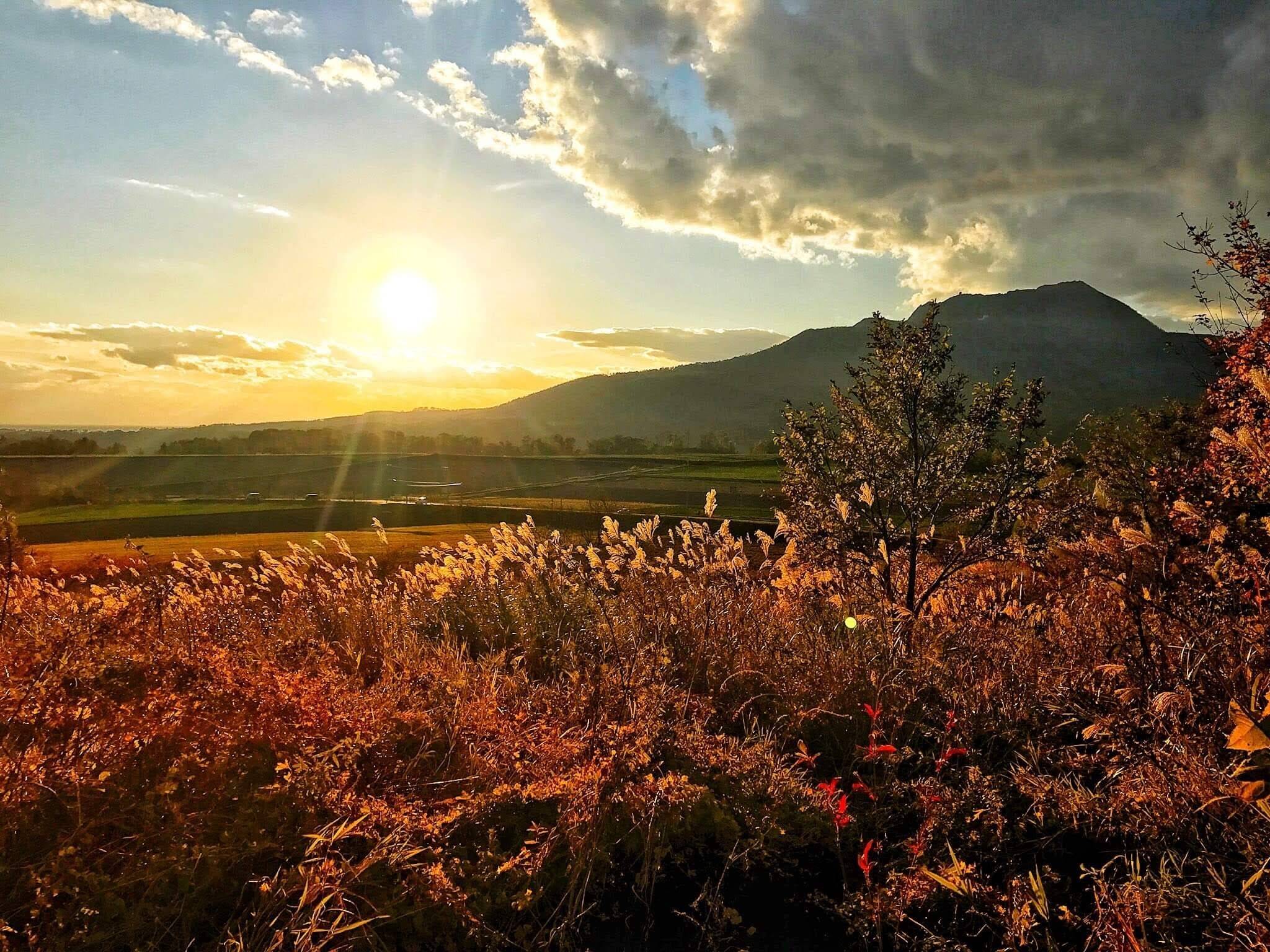 Golden sunset over the hills near Lake Toya