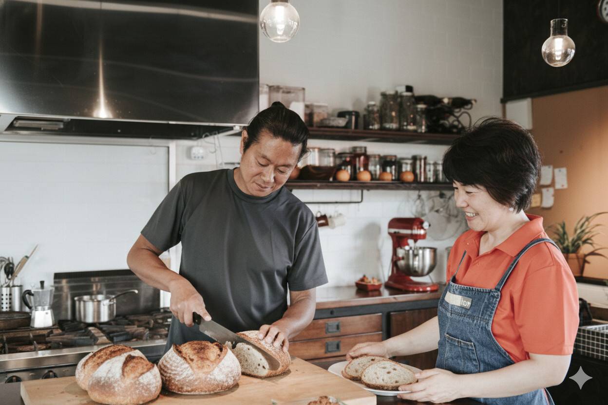 Ian and Noriko slicing freshly baked bread in the Barn Kitchen