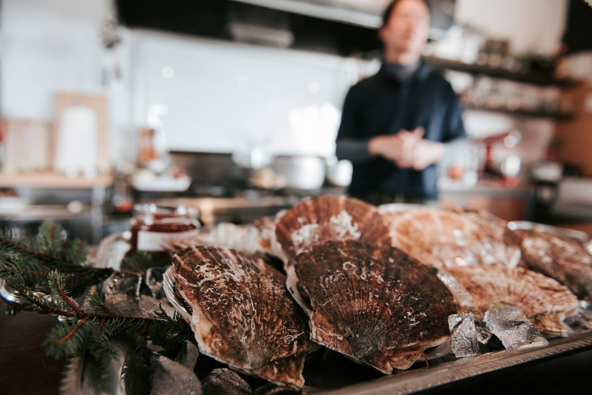 Fresh scallops in the shell, with Ian in the Barn Kitchen behind